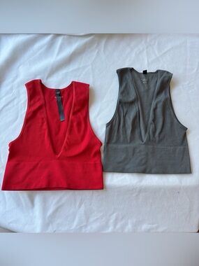 Urban Outfitters Ribbed Deep V Tank Top - Red & Gray